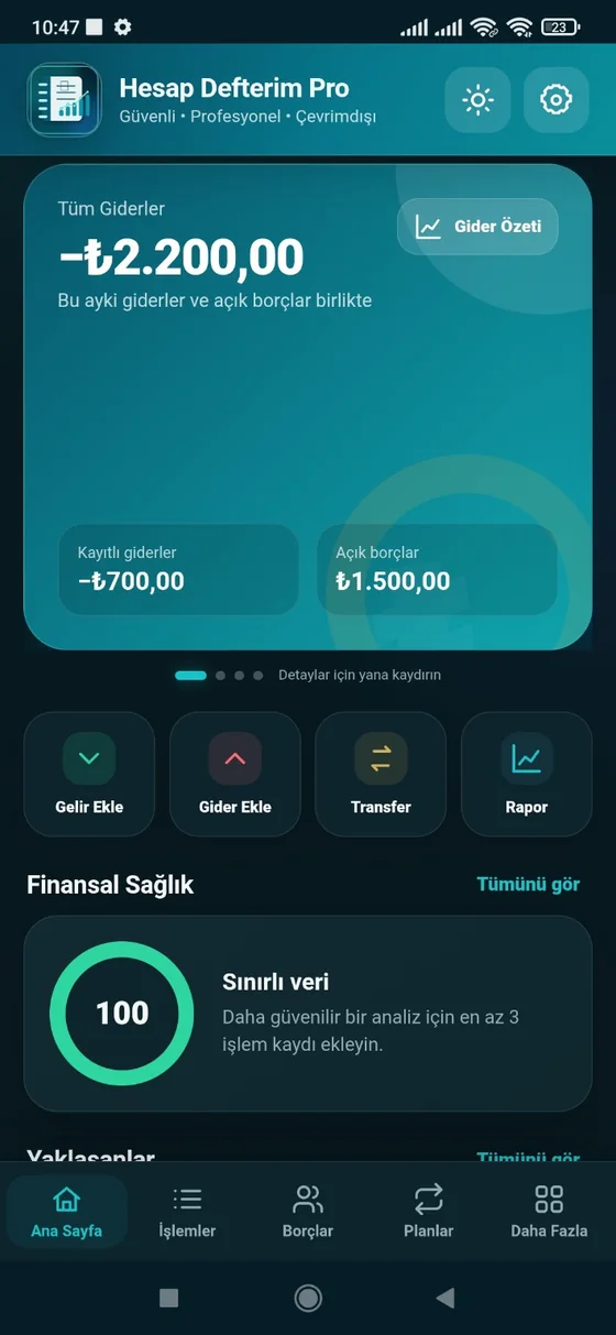 Hesap Defterim Pro ana ekranı